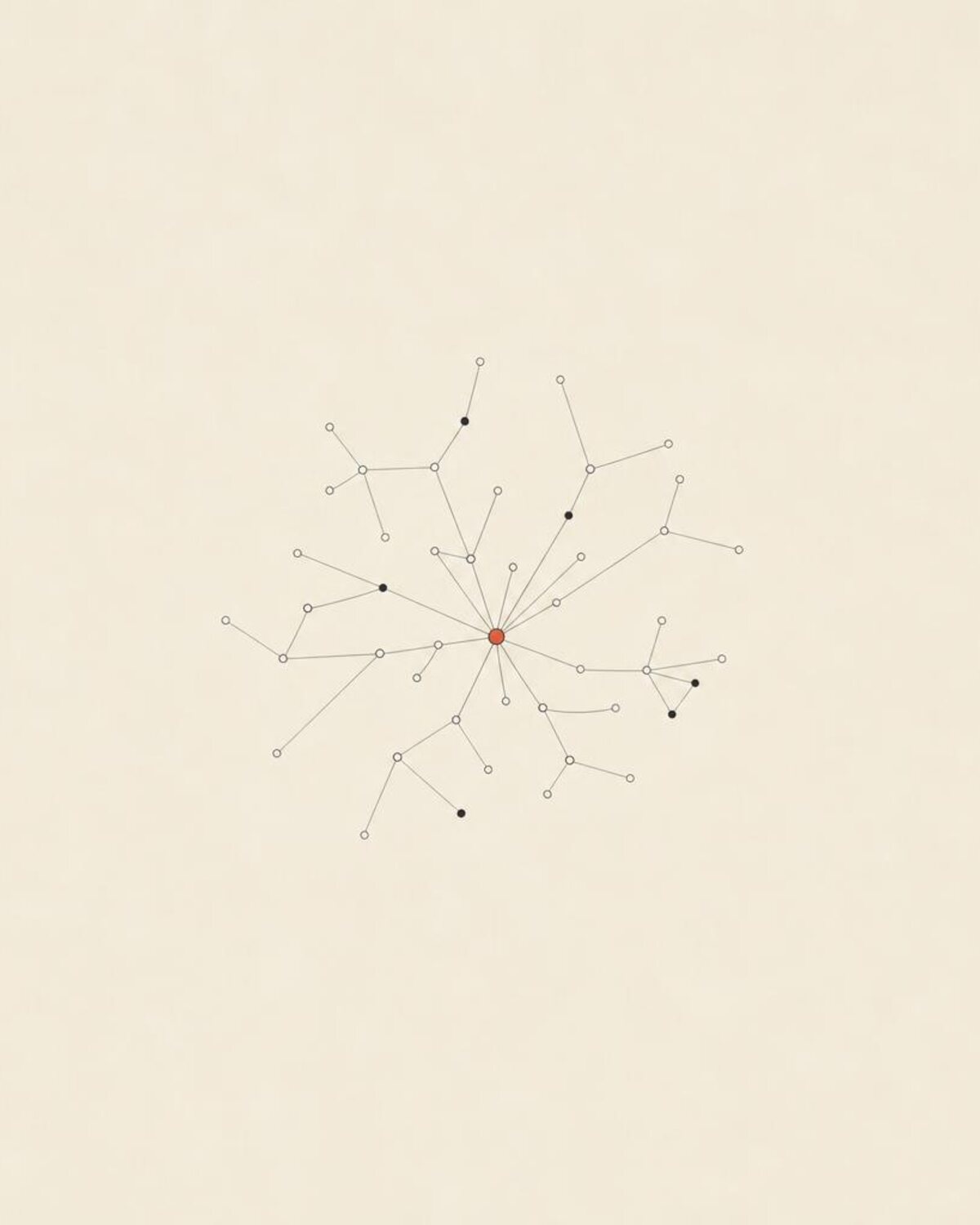 Abstract knowledge-graph artwork for Visual Encyclopaedia — a constellation of nodes radiating from a red hub on warm linen