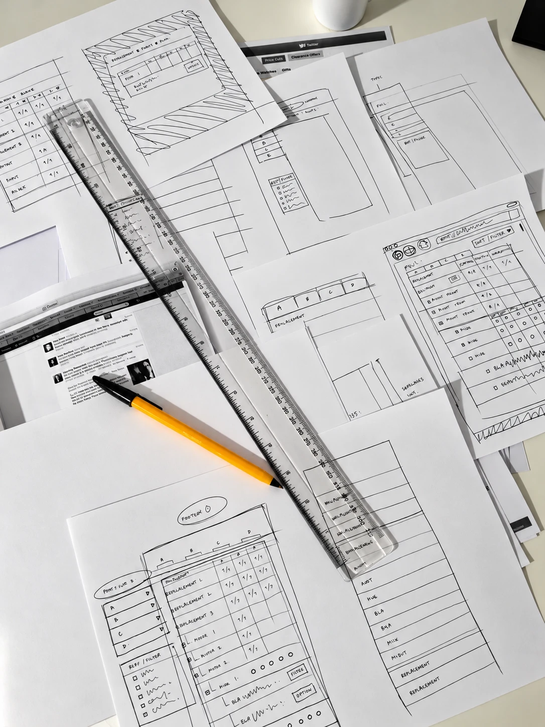 Sketches of a design process: wireframes, layouts and notes on paper